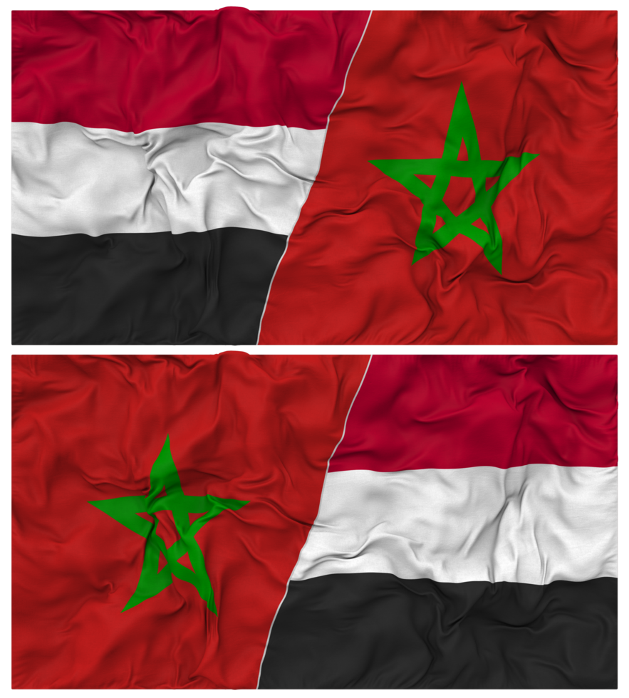 Morocco and Yemen Half Combined Flag with Cloth Bump Texture, Bilateral Relations, Peace and Conflict, 3D Rendering png