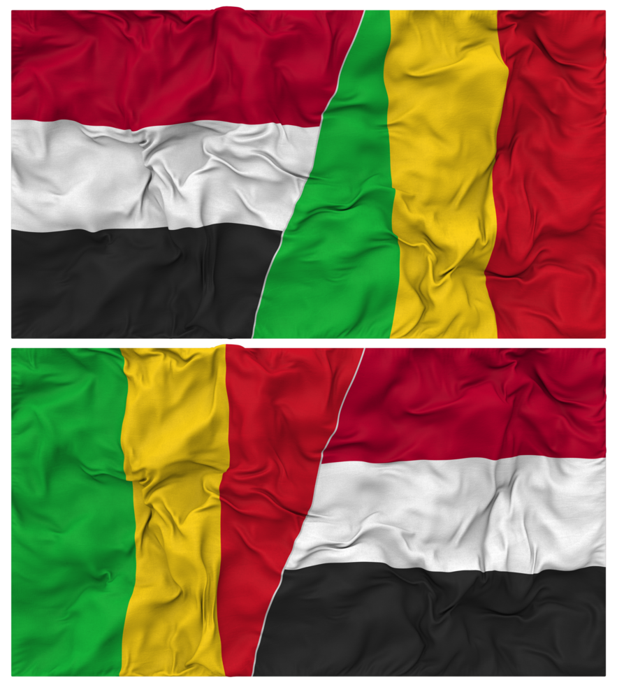 Mali and Yemen Half Combined Flag with Cloth Bump Texture, Bilateral Relations, Peace and Conflict, 3D Rendering png
