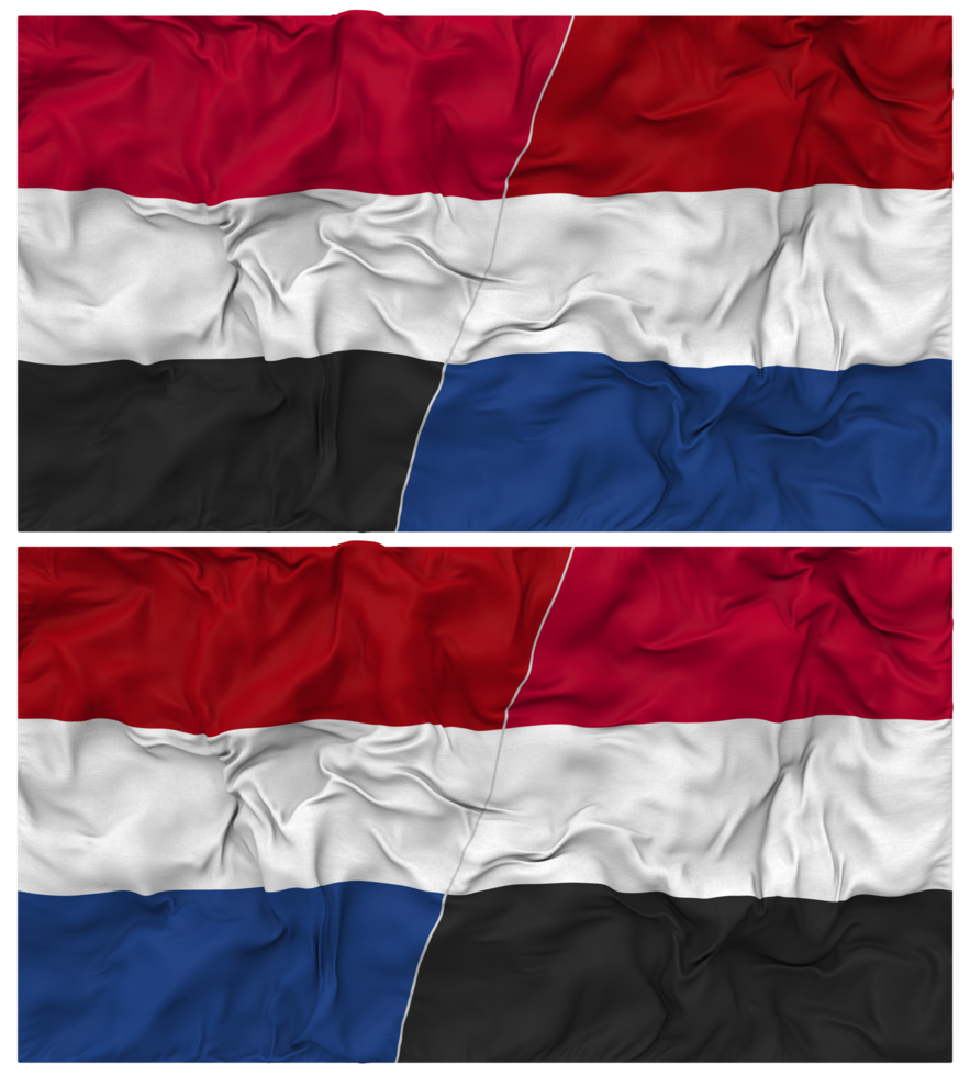 Netherlands and Yemen Half Combined Flag with Cloth Bump Texture, Bilateral Relations, Peace and Conflict, 3D Rendering png