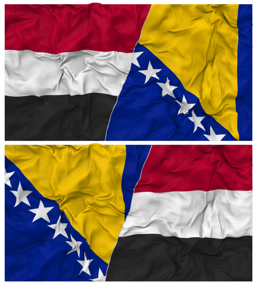 Bosnia and Herzegovina and Yemen Half Combined Flag with Cloth Bump Texture, Bilateral Relations, Peace and Conflict, 3D Rendering png