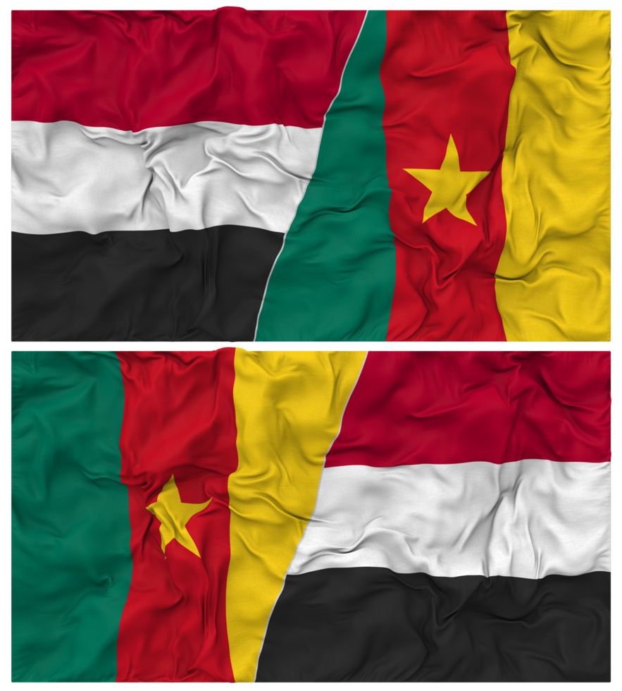 Cameroon and Yemen Half Combined Flag with Cloth Bump Texture, Bilateral Relations, Peace and Conflict, 3D Rendering png