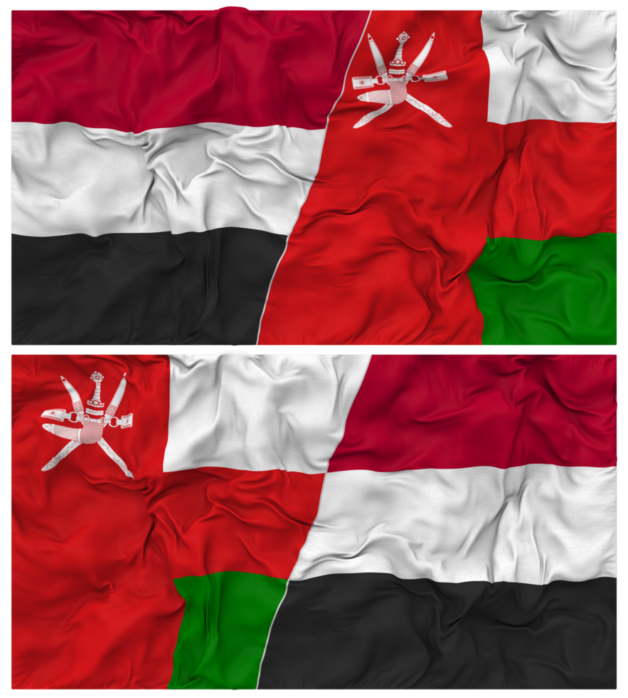 Oman and Yemen Half Combined Flag with Cloth Bump Texture, Bilateral Relations, Peace and Conflict, 3D Rendering png