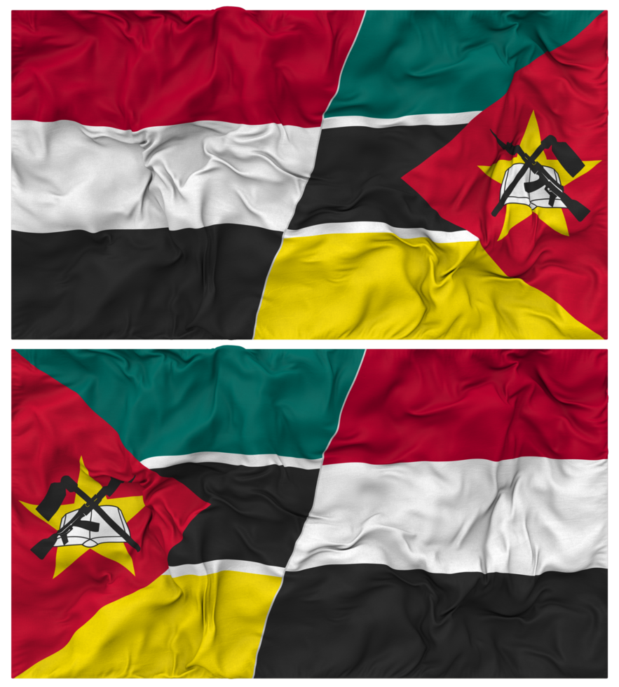 Mozambique and Yemen Half Combined Flag with Cloth Bump Texture, Bilateral Relations, Peace and Conflict, 3D Rendering png