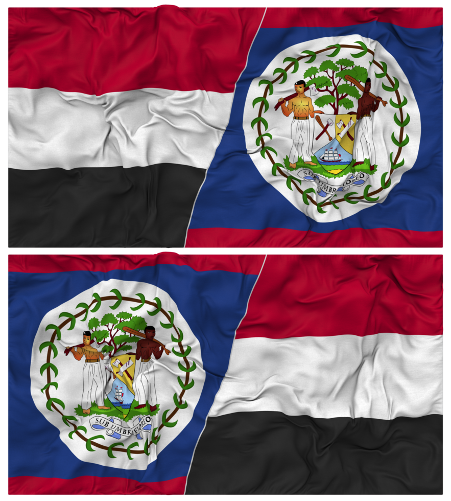 Belize and Yemen Half Combined Flag with Cloth Bump Texture, Bilateral Relations, Peace and Conflict, 3D Rendering png