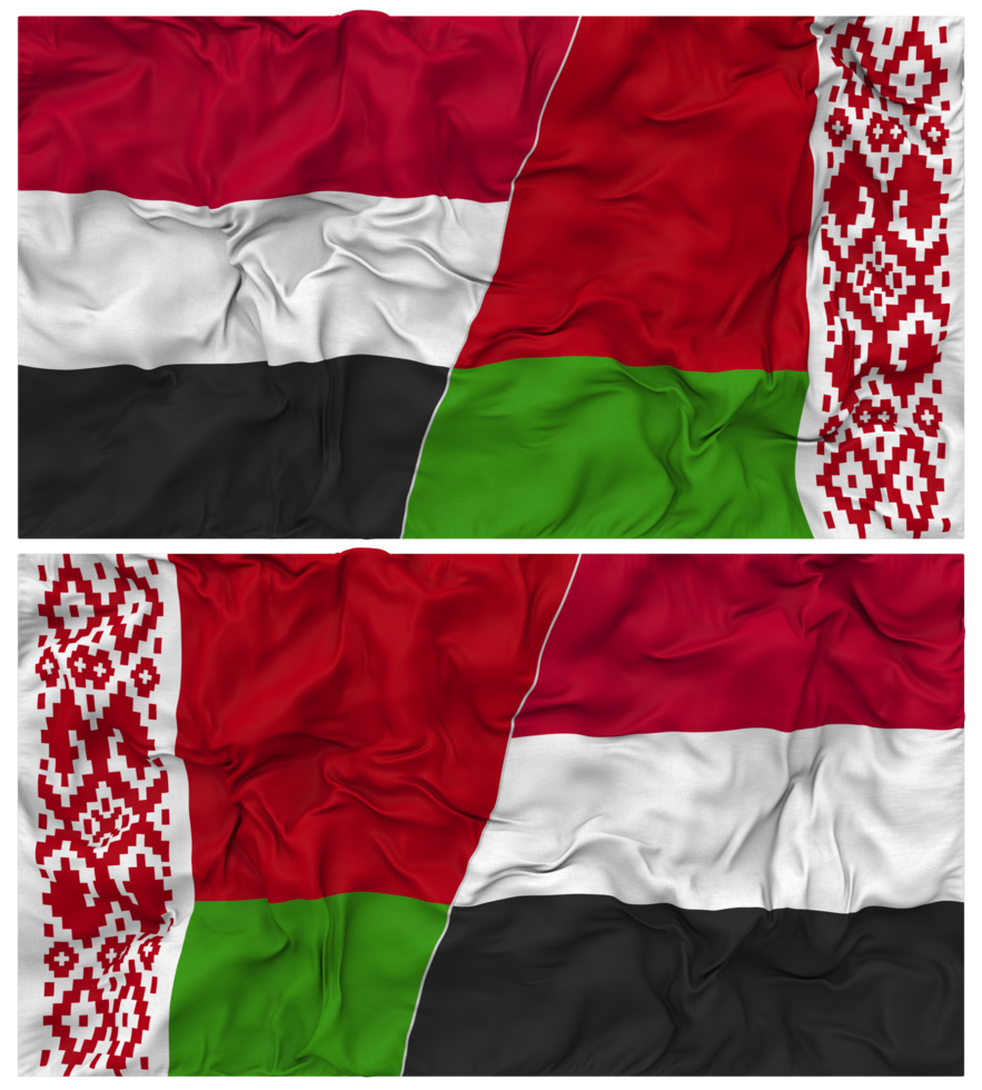 Belarus and Yemen Half Combined Flag with Cloth Bump Texture, Bilateral Relations, Peace and Conflict, 3D Rendering png