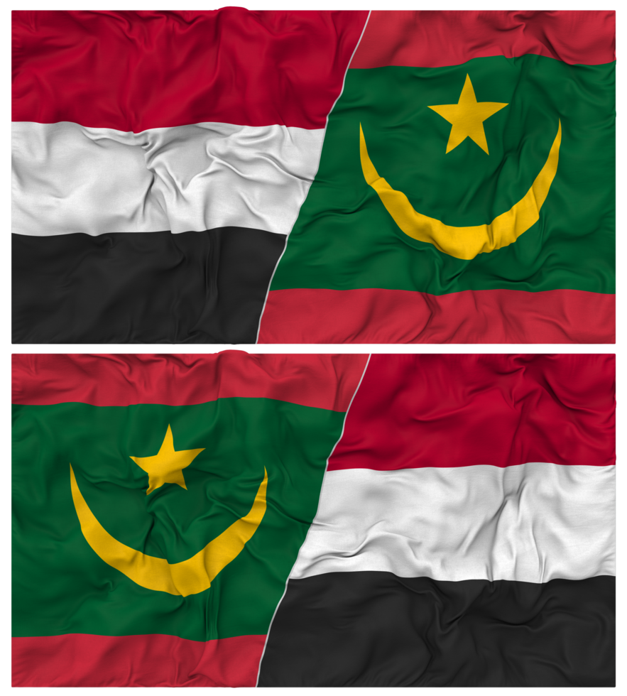 Mauritania and Yemen Half Combined Flag with Cloth Bump Texture, Bilateral Relations, Peace and Conflict, 3D Rendering png