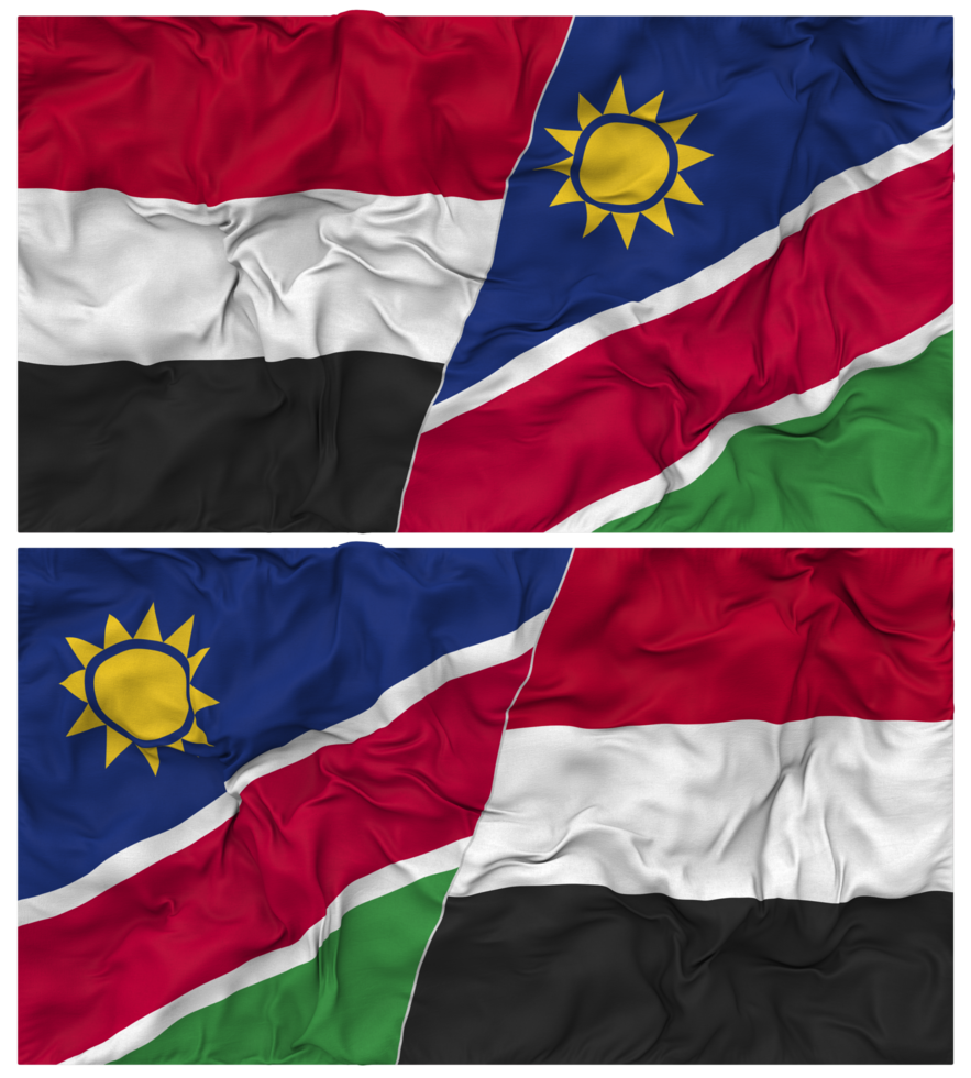 Namibia and Yemen Half Combined Flag with Cloth Bump Texture, Bilateral Relations, Peace and Conflict, 3D Rendering png
