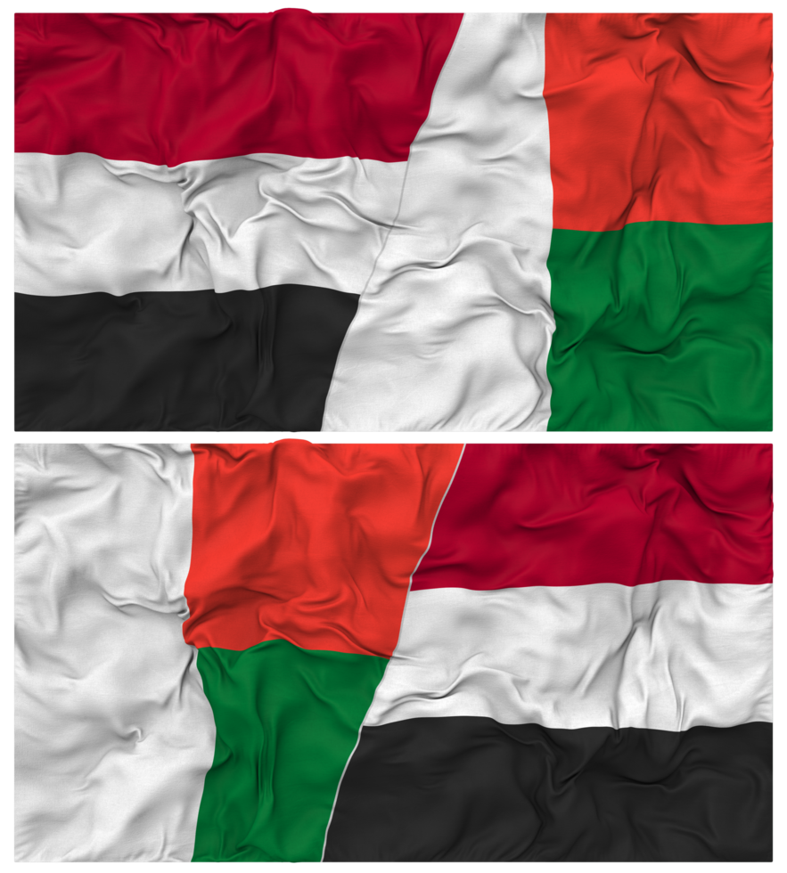 Madagascar and Yemen Half Combined Flag with Cloth Bump Texture, Bilateral Relations, Peace and Conflict, 3D Rendering png