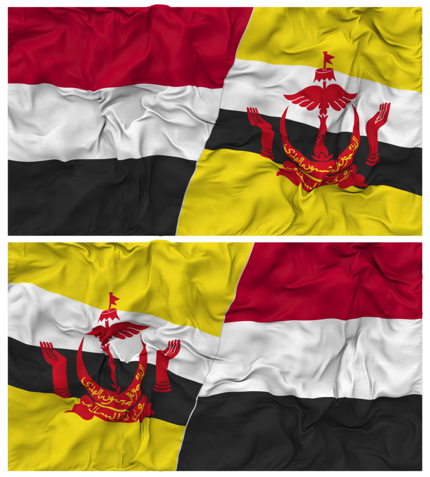 Brunei and Yemen Half Combined Flag with Cloth Bump Texture, Bilateral Relations, Peace and Conflict, 3D Rendering png