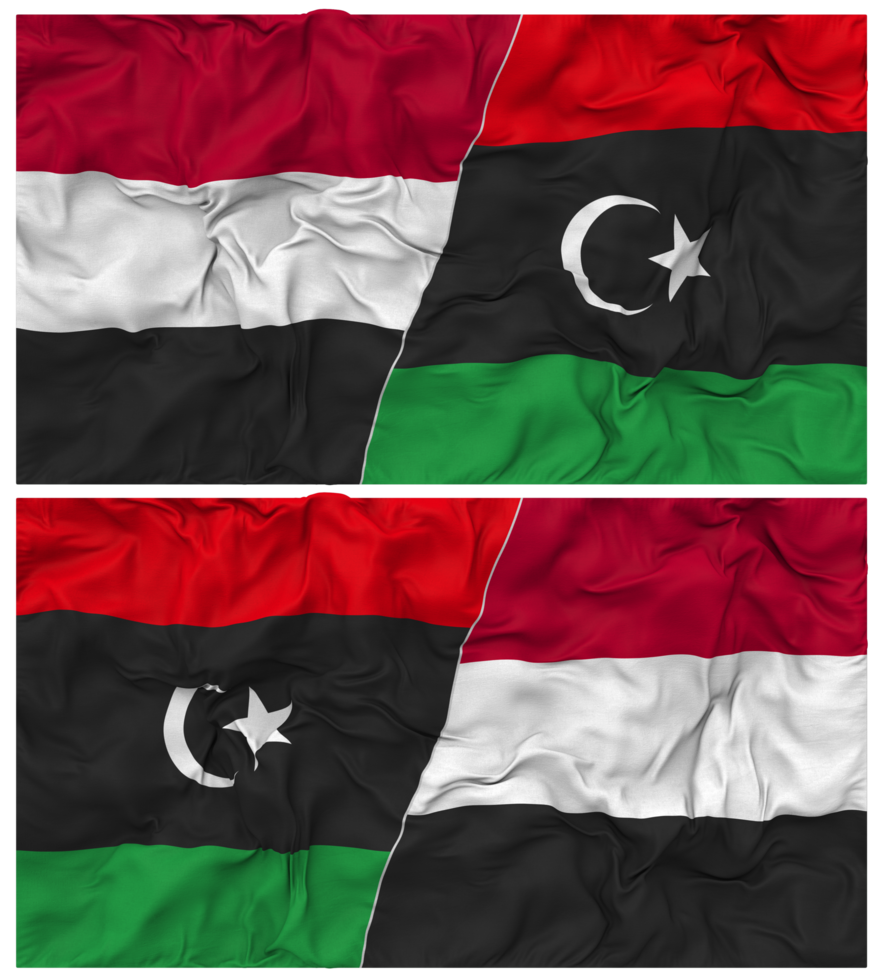 Libya and Yemen Half Combined Flag with Cloth Bump Texture, Bilateral Relations, Peace and Conflict, 3D Rendering png