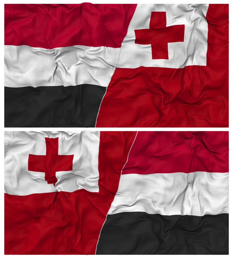 Tonga and Yemen Half Combined Flag with Cloth Bump Texture, Bilateral Relations, Peace and Conflict, 3D Rendering png