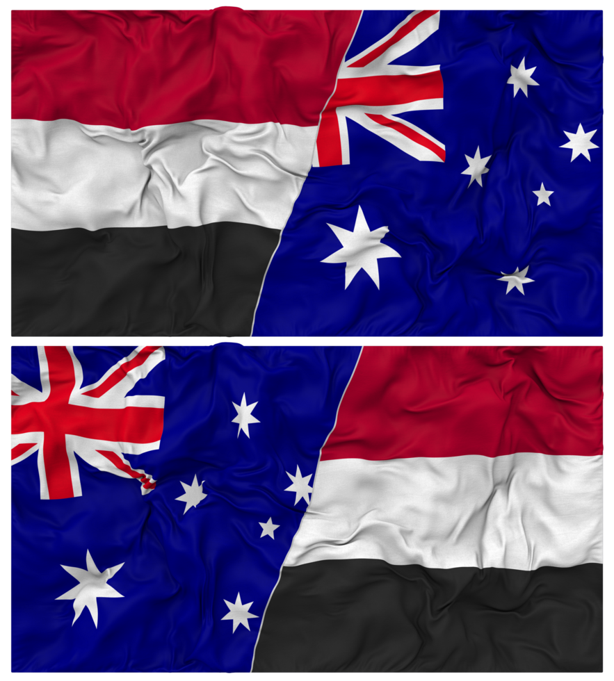 Australia and Yemen Half Combined Flag with Cloth Bump Texture, Bilateral Relations, Peace and Conflict, 3D Rendering png