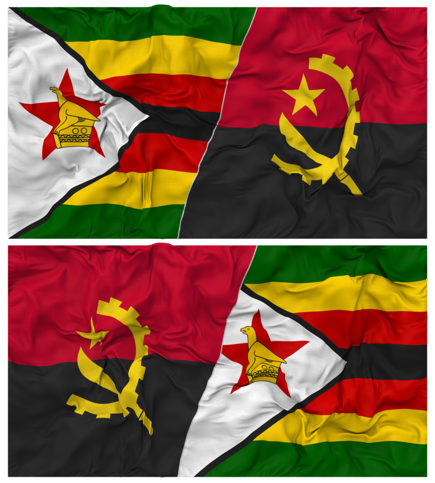 Angola and Zimbabwe Half Combined Flag with Cloth Bump Texture, Bilateral Relations, Peace and Conflict, 3D Rendering png