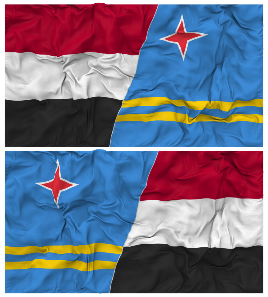 Aruba and Yemen Half Combined Flag with Cloth Bump Texture, Bilateral Relations, Peace and Conflict, 3D Rendering png