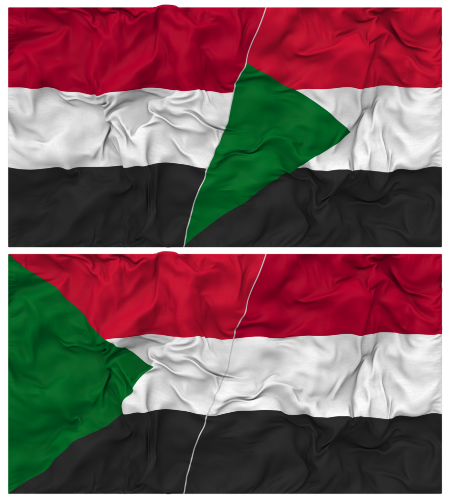 Sudan and Yemen Half Combined Flag with Cloth Bump Texture, Bilateral Relations, Peace and Conflict, 3D Rendering png