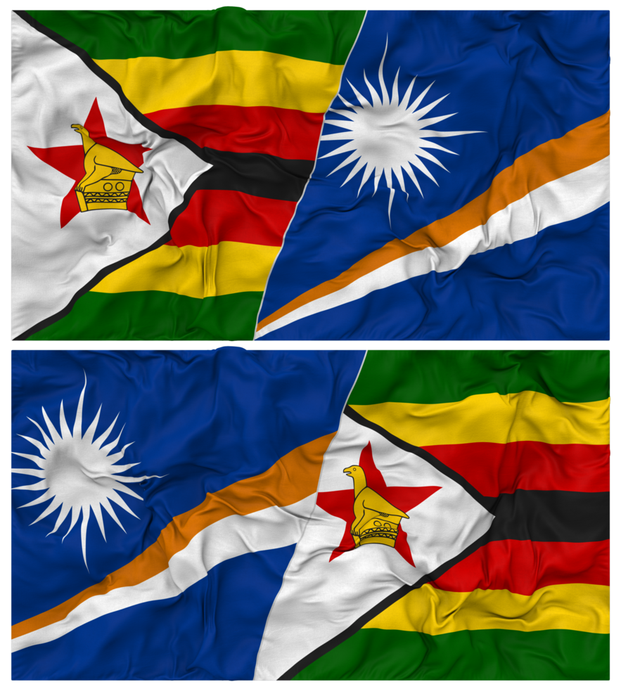 Marshall Islands and Zimbabwe Half Combined Flag with Cloth Bump Texture, Bilateral Relations, Peace and Conflict, 3D Rendering png