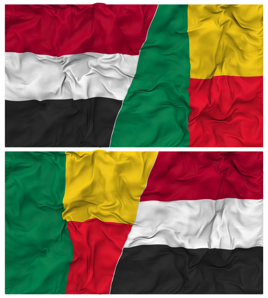 Benin and Yemen Half Combined Flag with Cloth Bump Texture, Bilateral Relations, Peace and Conflict, 3D Rendering png