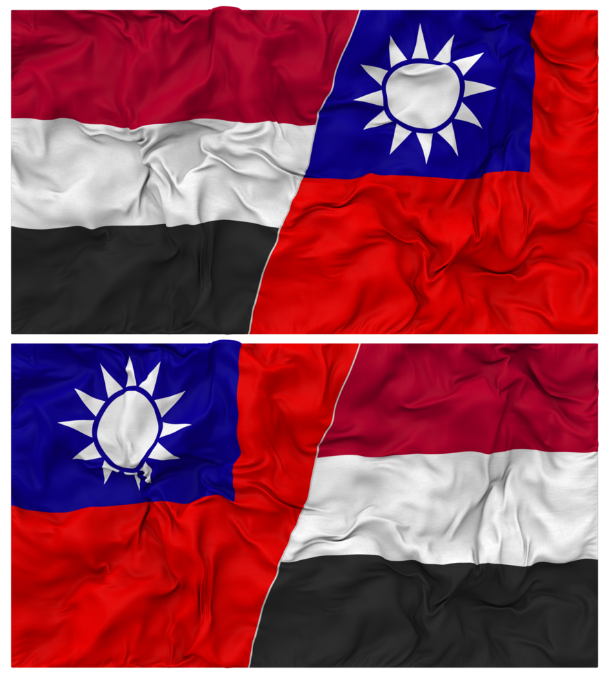 Taiwan and Yemen Half Combined Flag with Cloth Bump Texture, Bilateral Relations, Peace and Conflict, 3D Rendering png