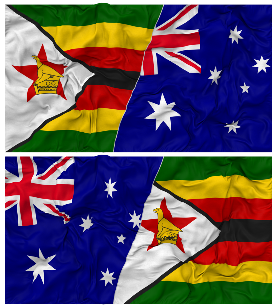 Australia and Zimbabwe Half Combined Flag with Cloth Bump Texture, Bilateral Relations, Peace and Conflict, 3D Rendering png