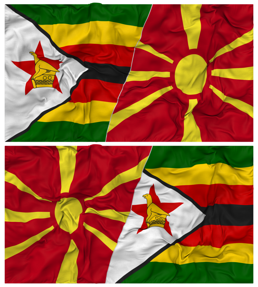 North Macedonia and Zimbabwe Half Combined Flag with Cloth Bump Texture, Bilateral Relations, Peace and Conflict, 3D Rendering png