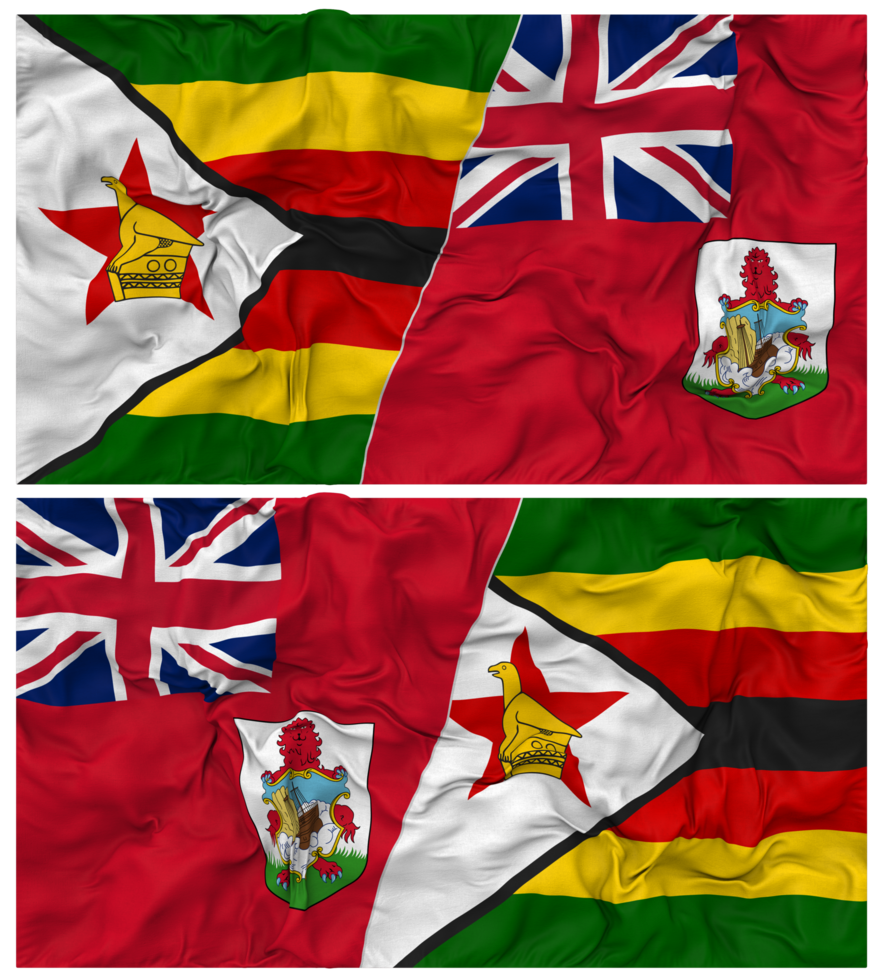 Bermuda and Zimbabwe Half Combined Flag with Cloth Bump Texture, Bilateral Relations, Peace and Conflict, 3D Rendering png