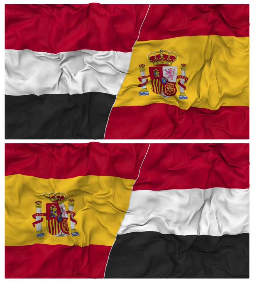 Spain and Yemen Half Combined Flag with Cloth Bump Texture, Bilateral Relations, Peace and Conflict, 3D Rendering png