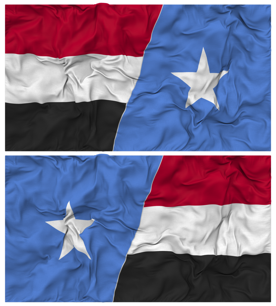Somalia and Yemen Half Combined Flag with Cloth Bump Texture, Bilateral Relations, Peace and Conflict, 3D Rendering png