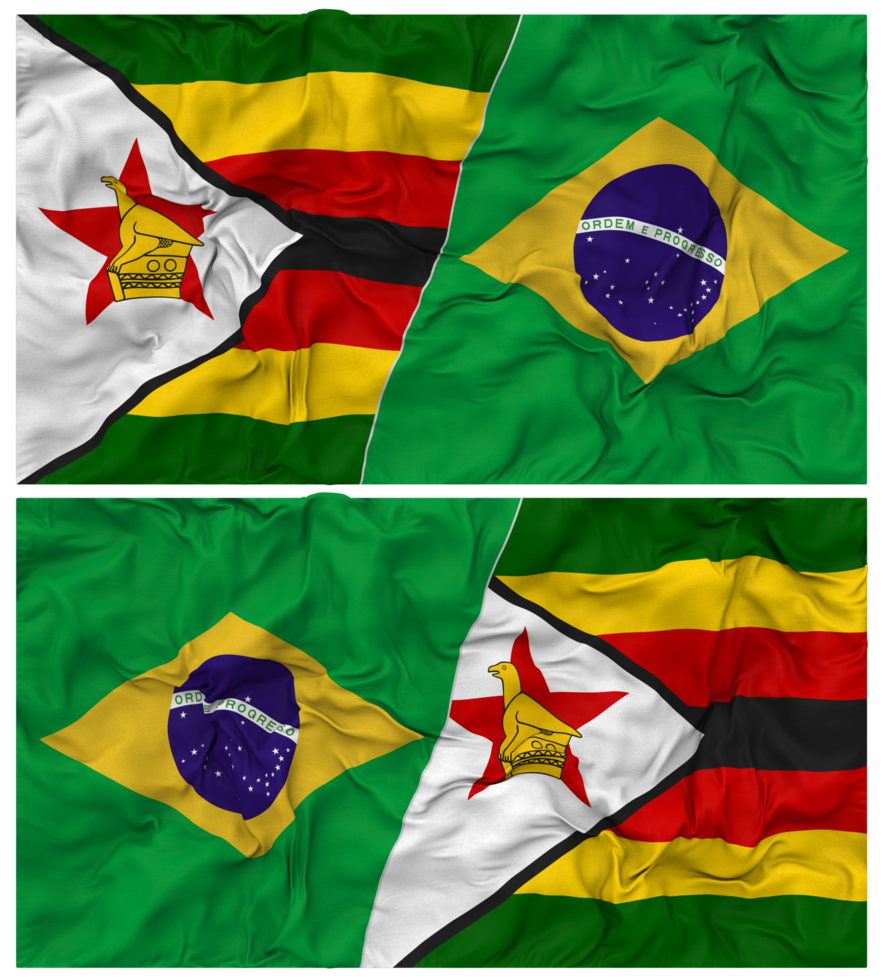 Brazil and Zimbabwe Half Combined Flag with Cloth Bump Texture, Bilateral Relations, Peace and Conflict, 3D Rendering png