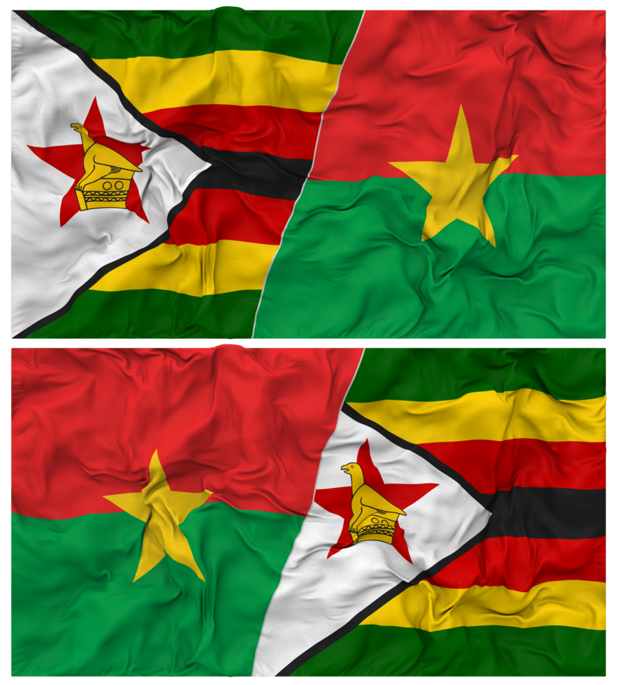 Burkina Faso and Zimbabwe Half Combined Flag with Cloth Bump Texture, Bilateral Relations, Peace and Conflict, 3D Rendering png
