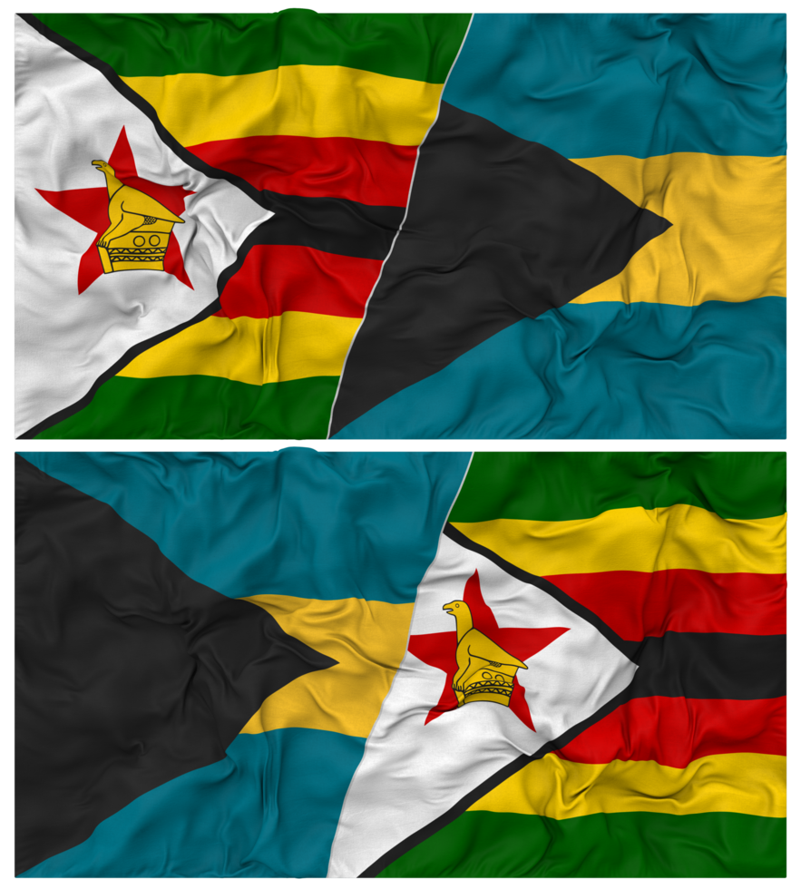 Bahamas and Zimbabwe Half Combined Flag with Cloth Bump Texture, Bilateral Relations, Peace and Conflict, 3D Rendering png