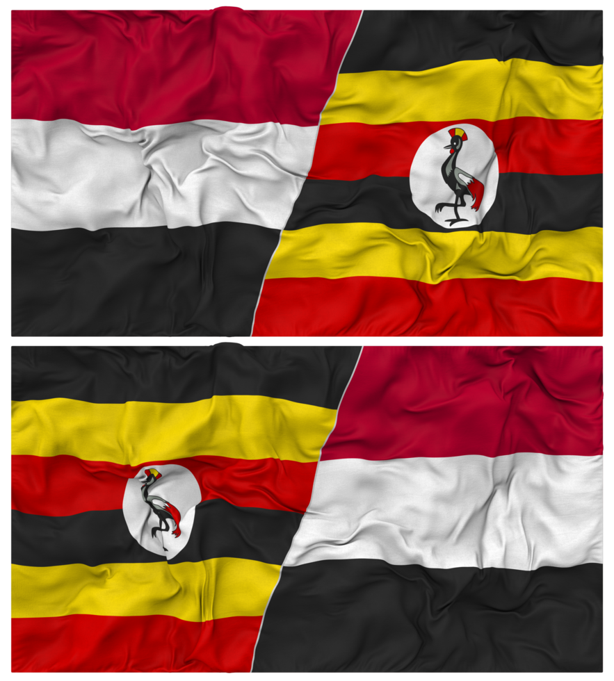 Uganda and Yemen Half Combined Flag with Cloth Bump Texture, Bilateral Relations, Peace and Conflict, 3D Rendering png