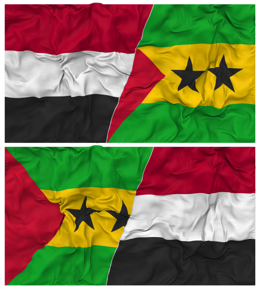Sao Tome and Principe and Yemen Half Combined Flag with Cloth Bump Texture, Bilateral Relations, Peace and Conflict, 3D Rendering png