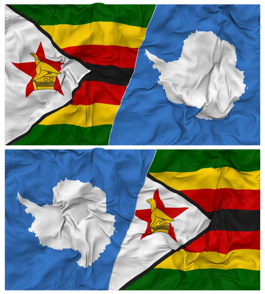 Antarctica and Zimbabwe Half Combined Flag with Cloth Bump Texture, Bilateral Relations, Peace and Conflict, 3D Rendering png