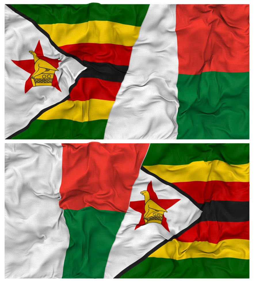 Madagascar and Zimbabwe Half Combined Flag with Cloth Bump Texture, Bilateral Relations, Peace and Conflict, 3D Rendering png