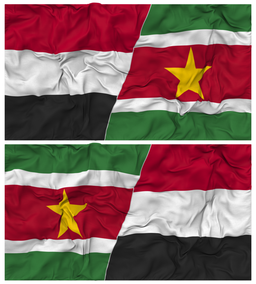 Suriname and Yemen Half Combined Flag with Cloth Bump Texture, Bilateral Relations, Peace and Conflict, 3D Rendering png