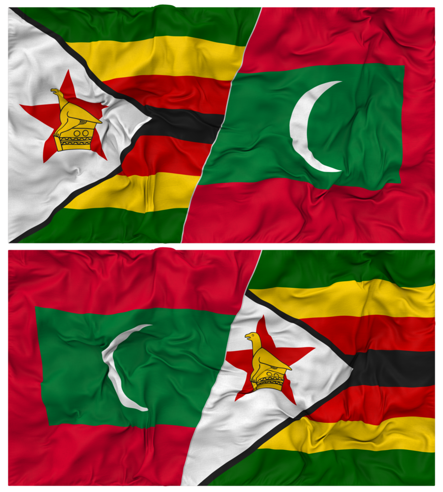 Maldives and Zimbabwe Half Combined Flag with Cloth Bump Texture, Bilateral Relations, Peace and Conflict, 3D Rendering png