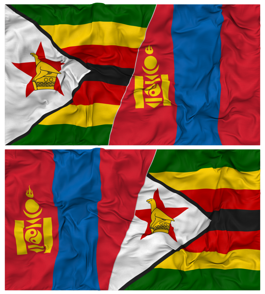 Mongolia and Zimbabwe Half Combined Flag with Cloth Bump Texture, Bilateral Relations, Peace and Conflict, 3D Rendering png
