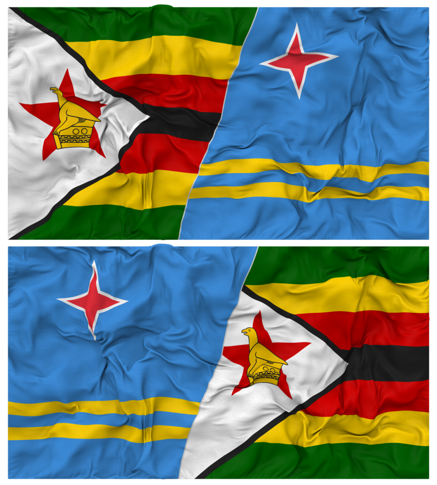 Aruba and Zimbabwe Half Combined Flag with Cloth Bump Texture, Bilateral Relations, Peace and Conflict, 3D Rendering png