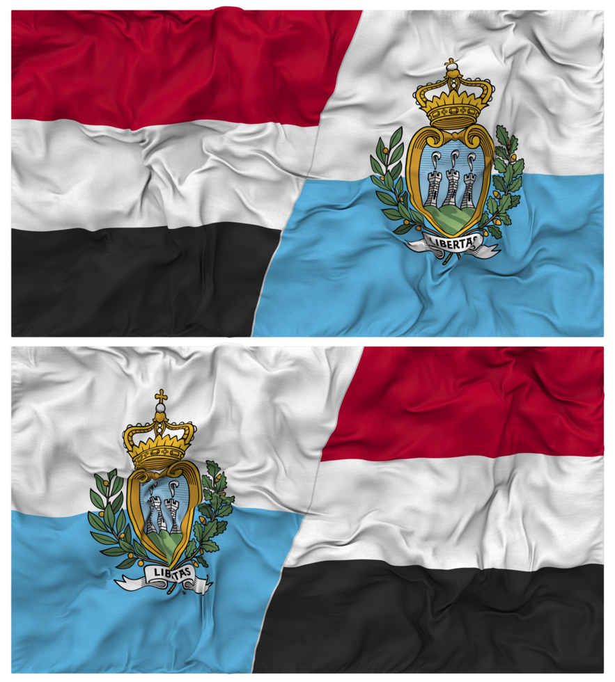 San Marino and Yemen Half Combined Flag with Cloth Bump Texture, Bilateral Relations, Peace and Conflict, 3D Rendering png