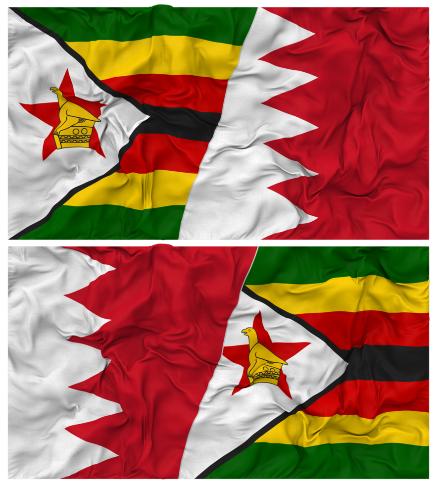 Bahrain and Zimbabwe Half Combined Flag with Cloth Bump Texture, Bilateral Relations, Peace and Conflict, 3D Rendering png