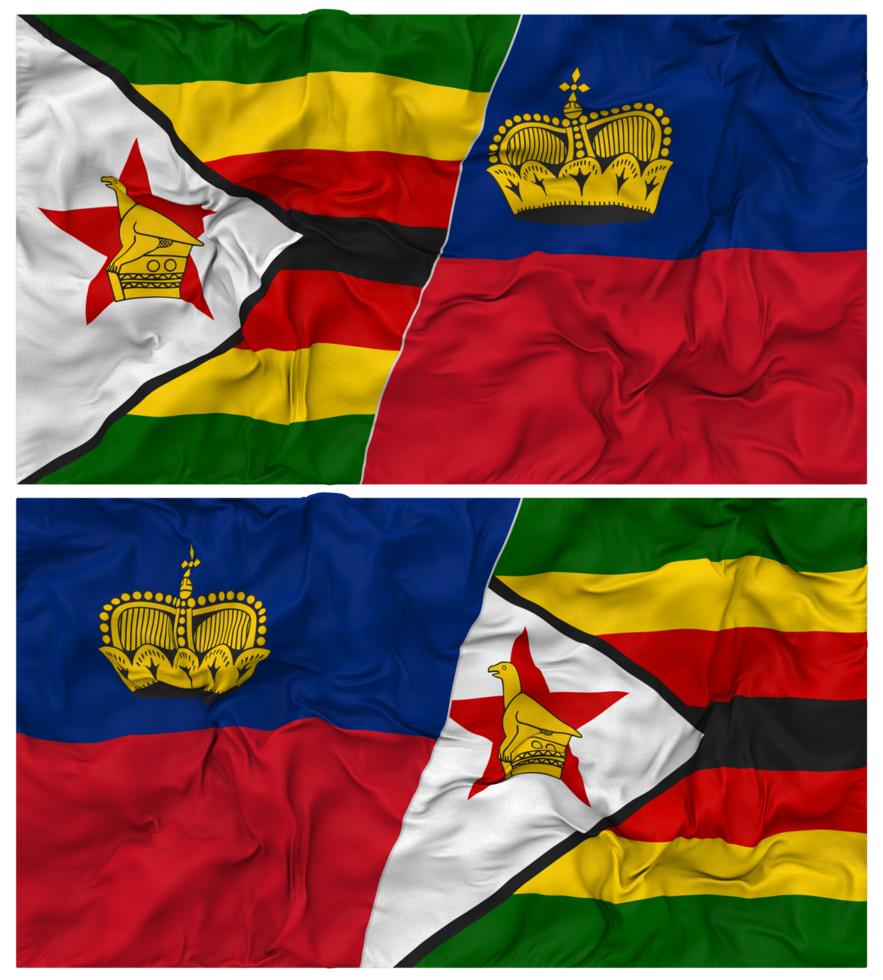 Liechtenstein and Zimbabwe Half Combined Flag with Cloth Bump Texture, Bilateral Relations, Peace and Conflict, 3D Rendering png
