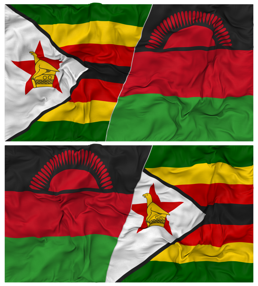 Malawi and Zimbabwe Half Combined Flag with Cloth Bump Texture, Bilateral Relations, Peace and Conflict, 3D Rendering png