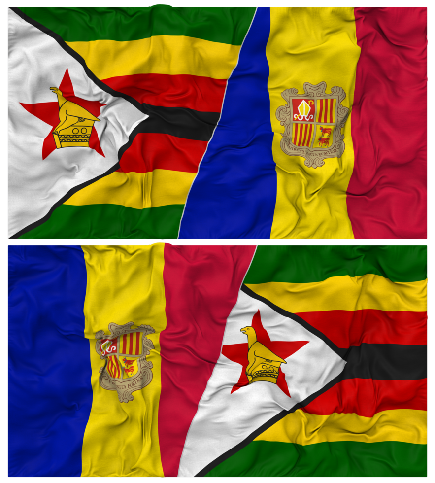 Andorra and Zimbabwe Half Combined Flag with Cloth Bump Texture, Bilateral Relations, Peace and Conflict, 3D Rendering png