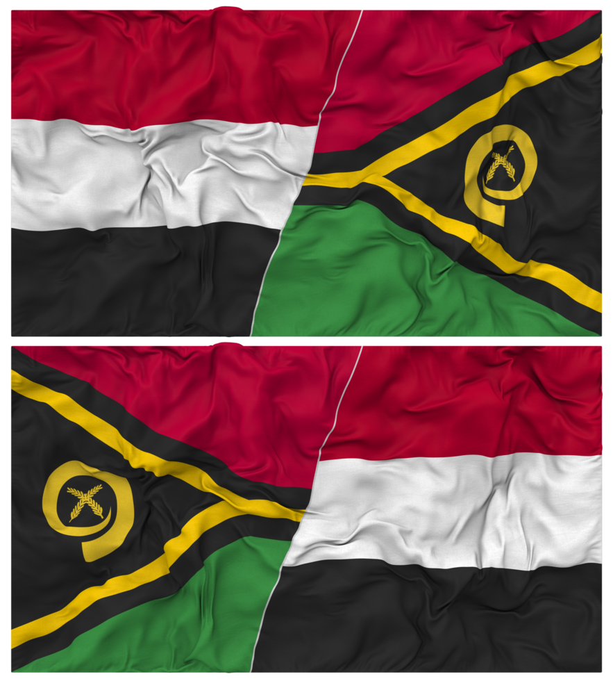Vanuatu and Yemen Half Combined Flag with Cloth Bump Texture, Bilateral Relations, Peace and Conflict, 3D Rendering png