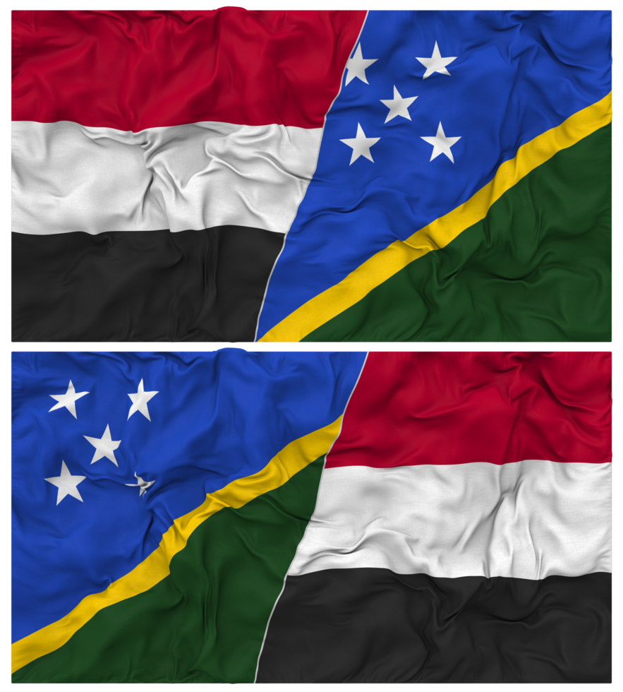 Solomon Islands and Yemen Half Combined Flag with Cloth Bump Texture, Bilateral Relations, Peace and Conflict, 3D Rendering png
