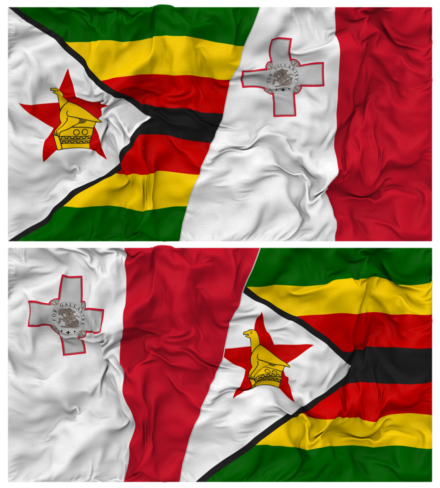 Malta and Zimbabwe Half Combined Flag with Cloth Bump Texture, Bilateral Relations, Peace and Conflict, 3D Rendering png