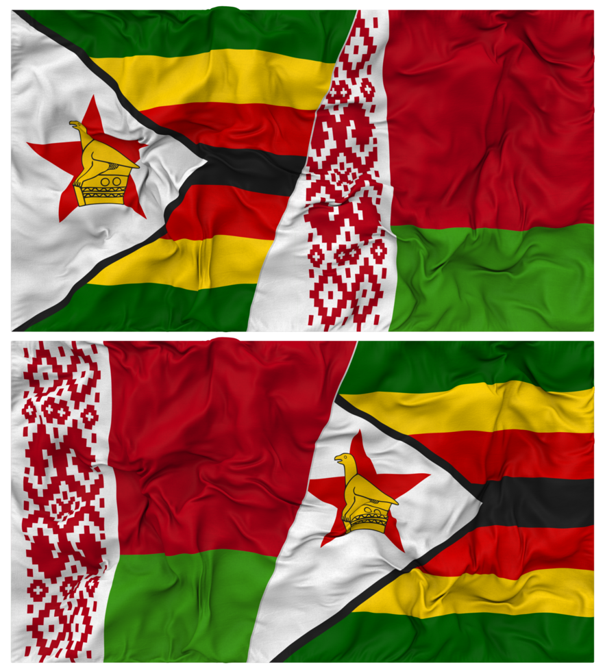 Belarus and Zimbabwe Half Combined Flag with Cloth Bump Texture, Bilateral Relations, Peace and Conflict, 3D Rendering png