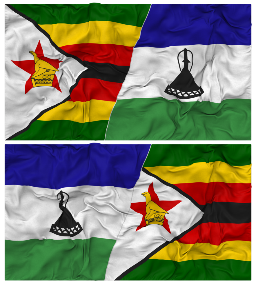 Lesotho and Zimbabwe Half Combined Flag with Cloth Bump Texture, Bilateral Relations, Peace and Conflict, 3D Rendering png