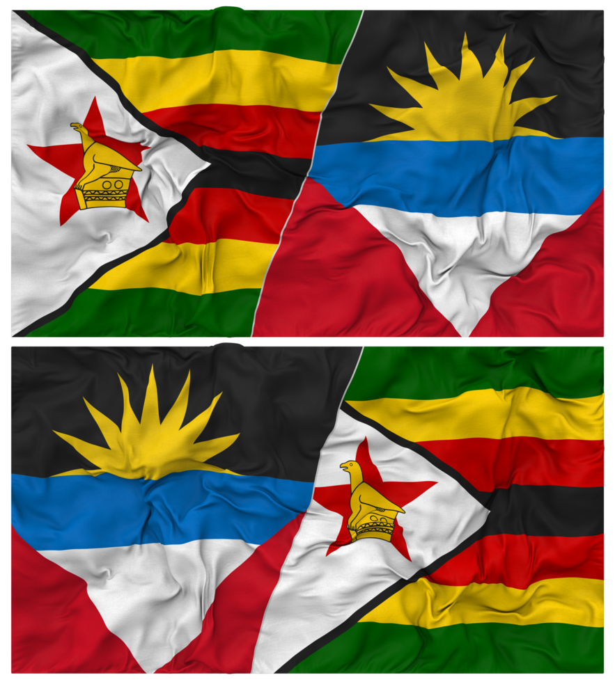 Antigua and Barbuda and Zimbabwe Half Combined Flag with Cloth Bump Texture, Bilateral Relations, Peace and Conflict, 3D Rendering png