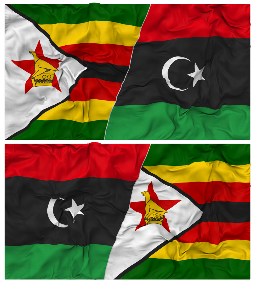 Libya and Zimbabwe Half Combined Flag with Cloth Bump Texture, Bilateral Relations, Peace and Conflict, 3D Rendering png